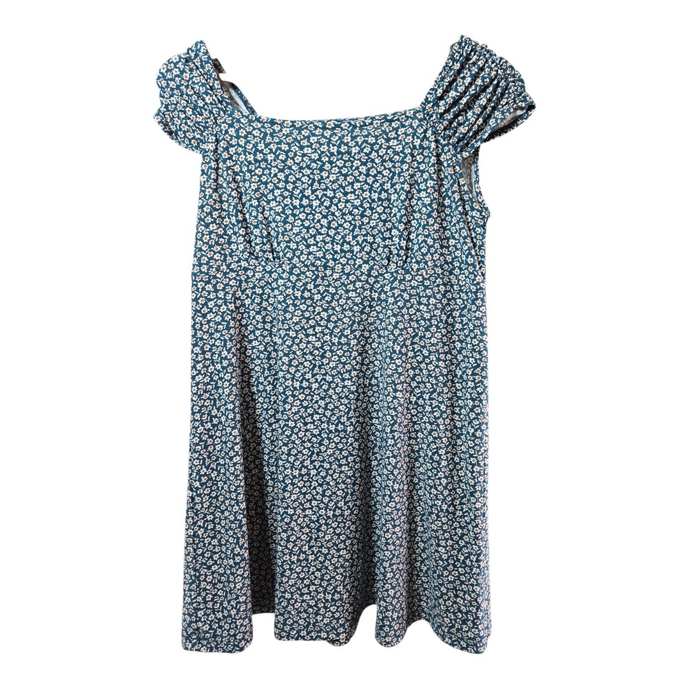Good Luck Girl Teal Floral Daisy Ruched Cap Sleeve Mini Dress XL Coquette Cute